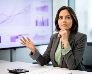 Isamay Billah, consultora financiera, analizando indicadores en una pantalla de oficina